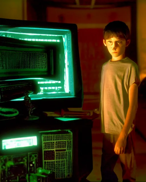 Image similar to 8k professional photo of an 8 years old enlightened and scared boy standing in front of an old computer from 90s with a game doom2 at the monitor screen, still from a movie by Gaspar Noe and James Cameron