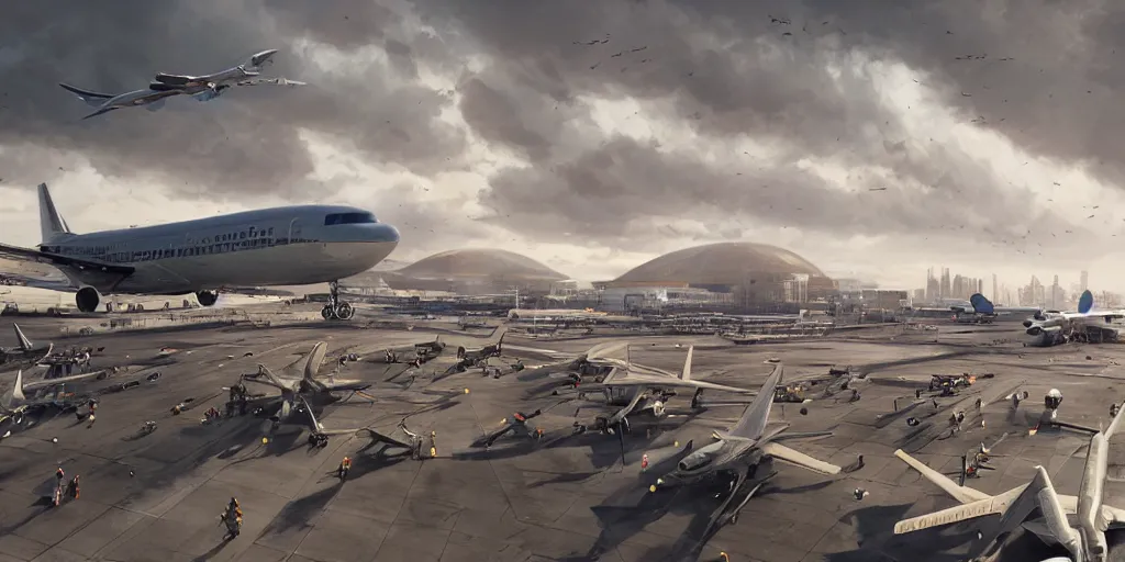 Image similar to Busy airport full of planes, beautiful dynamic lighting, cinematic, wide angle establishing shot, extremely high detail, photo realistic, cinematic lighting, post processed, concept art, artstation, matte painting, style by eddie mendoza, raphael lacoste, alex ross, volumetric lighting, light rays, photorealistic, ultrarealistic, moody, coronarender, 8k