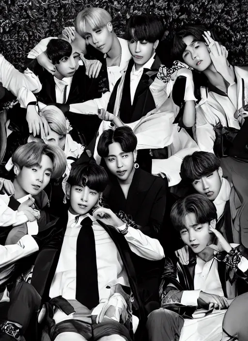 Prompt: bts styled by nick knight, posing, high fashion classy, glamour, full body shot, set pieces, intricate set, vogue magazine, canon, highly realistic. high resolution. highly detailed. dramatic. 8 k. 4 k.