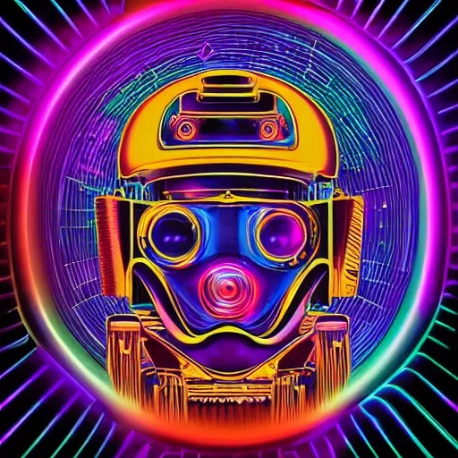 Image similar to hyperdetailed portrait of a spaced out steampunk robot head, 8 k, symetrical, flourescent, halluzinogenic, meditative, multicolored vector art, black background