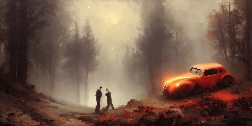 Image similar to a crashed car on a mountain road in 1 9 4 0 with red light on, sunny day, a men stand up next to the car, mystical orange fog, oil on canvas, art by andreas achenbach, clemens ascher, tom bagshaw and sabbas apterus,