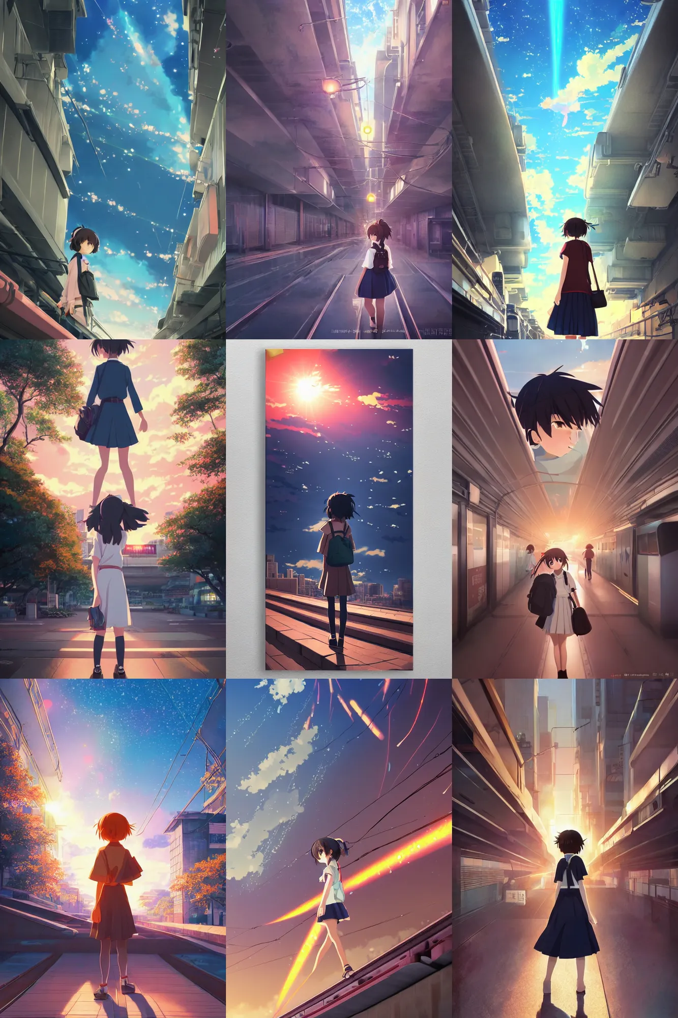 Prompt: 3d anime poster Kimi no na wa, portrait of cute 3d anime lofi schoolgirl on huge japanese elevated subway infrared twilight. fantasy, elegant, dramatic light, trending on artstation, smooth, sharp focus, illustration, art by hiro kiyohara and hayao miyazaki oil painting