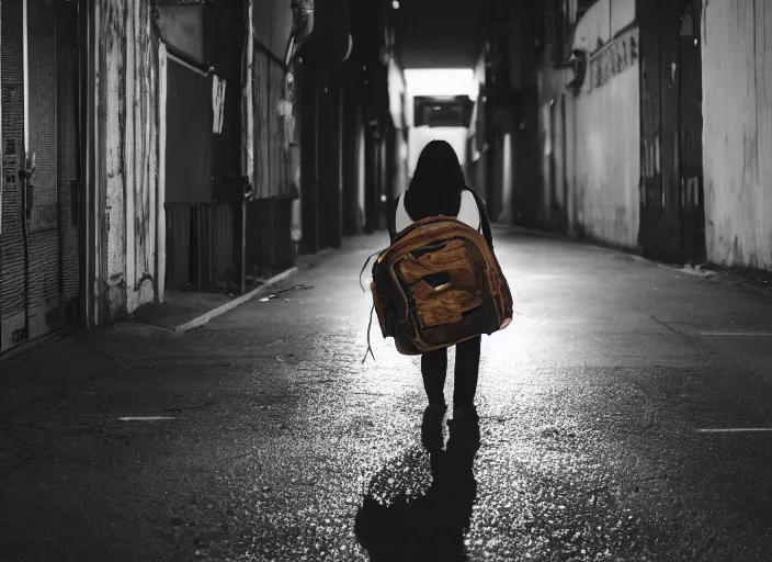 Image similar to photography of a Cat carrying a backpack . in a cyberpunk street. award winning photo, led lighting, night, 24mm, sharp, high res