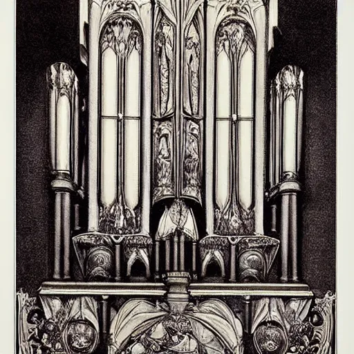 Image similar to pipe organ music album art by alan lee and albrecht durer