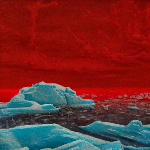 Image similar to horrific painting of an ice floe meeting magma!!!!!! in the middle, in the style of vintage photography, textured, skewed perspective, last photo ever taken, apocalyptic event, red color palette on left side and blue color palette on right side, cursed and sinister tone