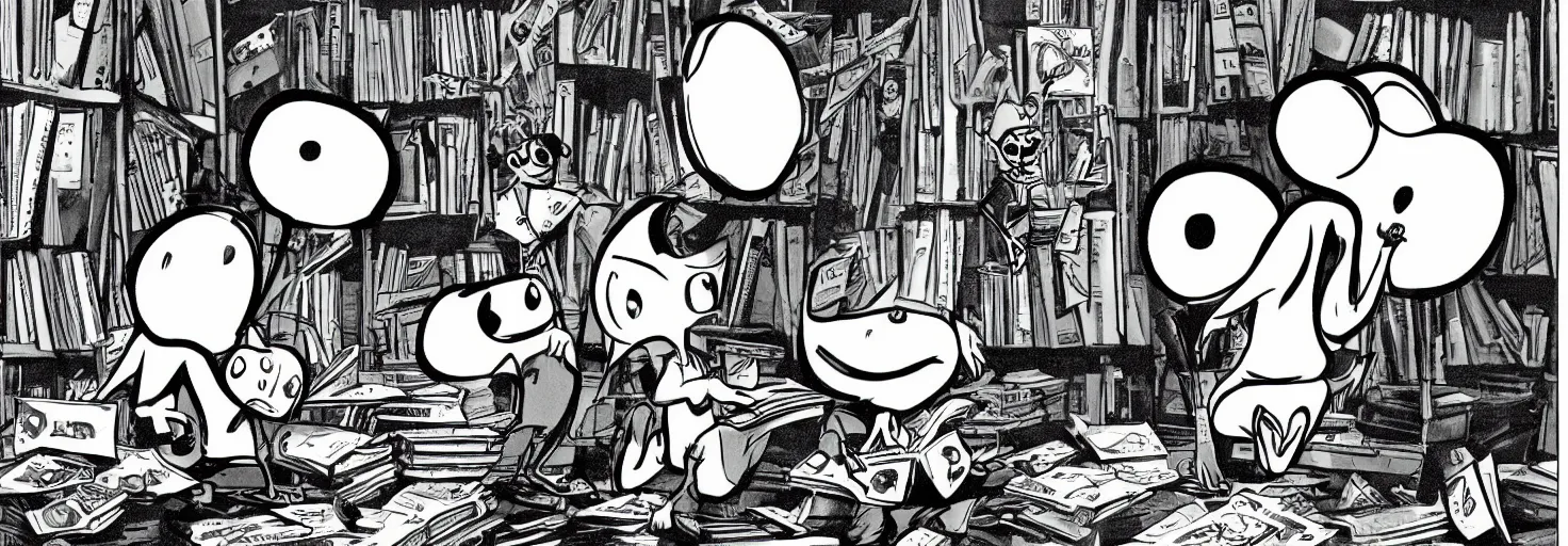 Image similar to a black and white photo of two aliens reading comic books, in the style of Gary Baseman, surreal, pulp, photorealism