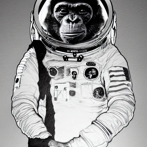 Image similar to double exposure portrait of a astronaut and chimpanzee posing, pencil art, high definition, dynamic lighting