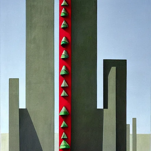 Image similar to a real concrete building with anthropomorphic qualities. one building that reminds me of a green lizart with a red mouth. clearly a building. a painting of sceptile by yves tanguy ricardo bofill