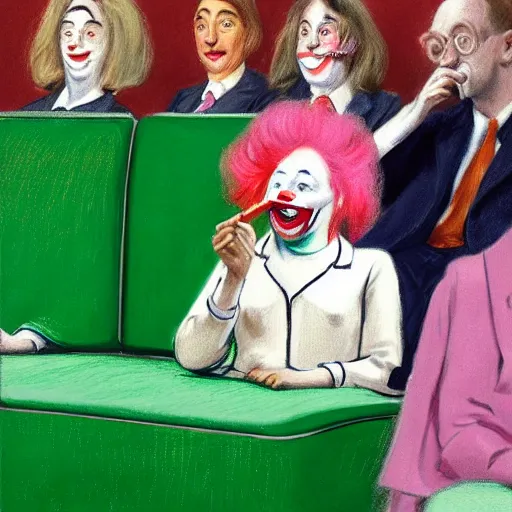 Image similar to a highly detailed beautiful portrait close up hyper realistic photograph of british members of parliament in the house of commons wearing pastel coloured clown costumes with pleasant oversized joyful faces, they are smoking. in the style of edward hopper, richard hamilton. concept art. green leather benches. photographic. concept. crisp digital art. no artefacts. desaturated. high fidelity facial portrait. 8 k