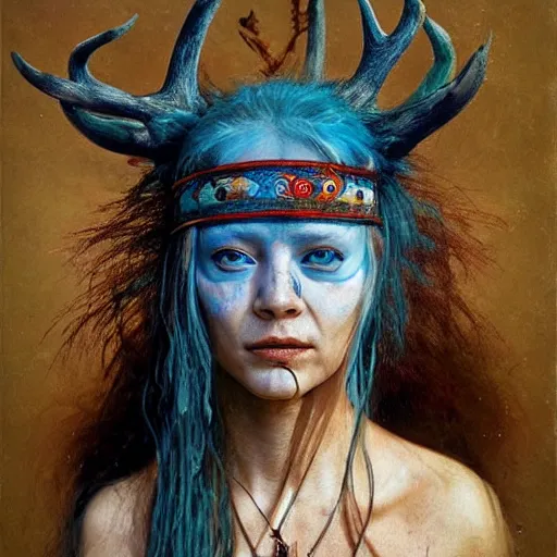 Image similar to A young female shaman blindfolded with a decorated headband like heilung, blue hair and antlers on her head, made by Esao Andrews and Karol Bak and Zdzislaw Beksinski