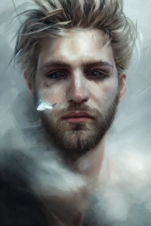 Image similar to blonde wild hair man with a little beard, one black eye - patch, close - up portrait, powerfull, intricate, elegant, volumetric lighting, scenery, digital painting, highly detailed, artstation, sharp focus, illustration, concept art, ruan jia, steve mccurry