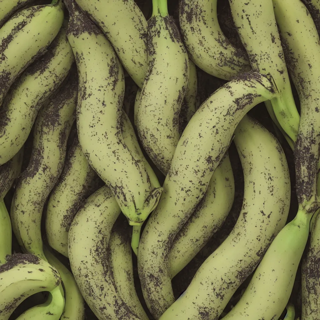 Image similar to bananas that grow like fractal coral and smoke, cracked, fine foliage, inside art nouveau with petal shape, big banana peals, and stems, mesh roots. closeup, hyper real, food photography, high quality