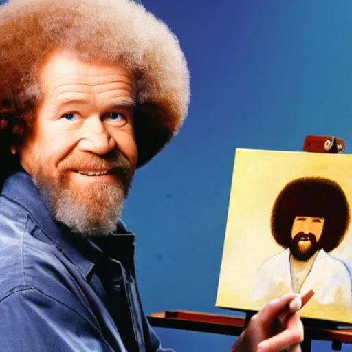Prompt: bob ross painting a canvas of bob ross painting a canvas