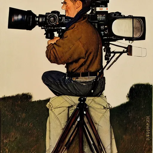 Image similar to norman rockwell painting of a television crew member holding a large television - video - camera