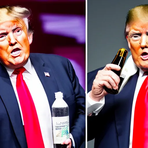 Image similar to news still drunk rudy giuliani, donald trump holding a bottle, 4 k, professional