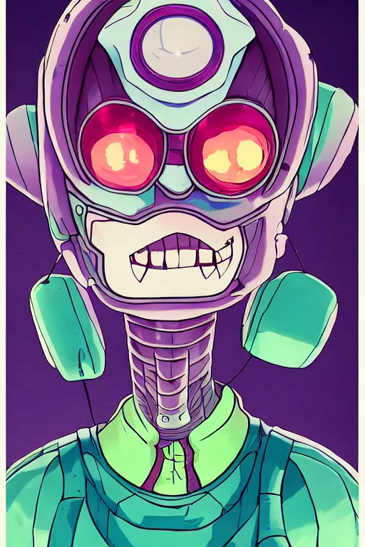 Image similar to portrait concept art painting of alternate reality invader zim, artgerm, moebius, inio asano, toon shading, cel shading, smooth, calm, tranquil, vaporwave colors,