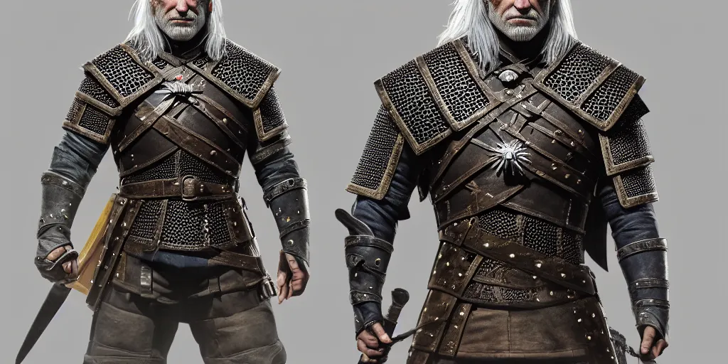 Image similar to geralt, but from syria new costume concept design with metal sholders and ornaments on the armor, witcher, oriental armor, fashion, colors with gold and dark blue, concept art, by artgerm, greg rutkowski, cinematic light, featured on artstation, octane render, sharp focus, ray tracing, artstationhq, cgsociety, 8 k.