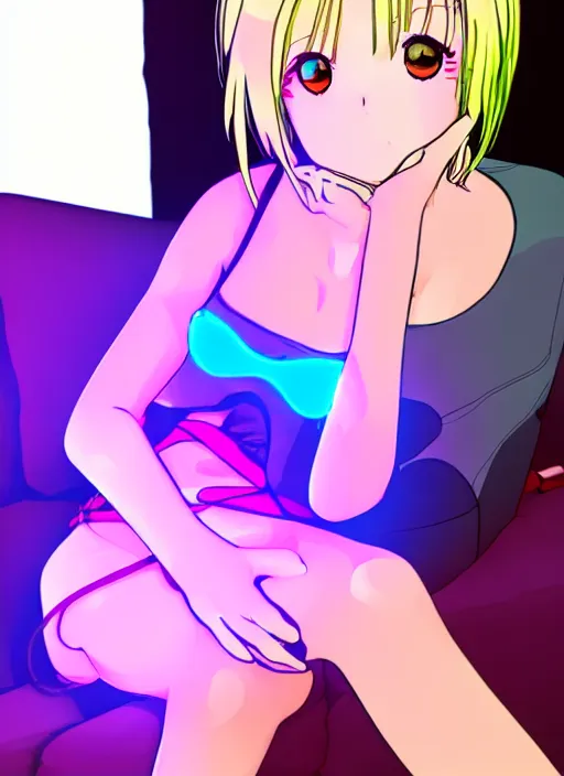 Image similar to anime girl with blonde hair laying on sofa, smoking, neon lights