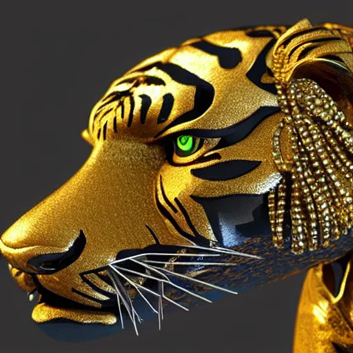 Image similar to an intricate statue of a tiger made of precious metals and stones by the most talented jeweler, unreal engine 5