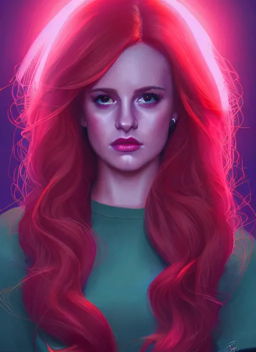 Image similar to full body portrait of teenage cheryl blossom, bangs, green eyes, sultry expression, red hair, sultry smirk, bangs and wavy hair, pink skirt, fat, intricate, elegant, glowing lights, highly detailed, digital painting, artstation, concept art, smooth, sharp focus, illustration, art by wlop, mars ravelo and greg rutkowski