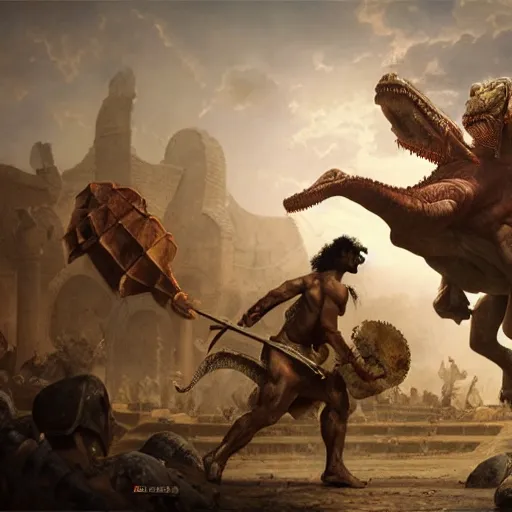 Image similar to Dark Skinned Orc Barbarian slaying a mounted dinosaur in a roman style coliseum, Oil Painting, hyperrealistic, octane render, Detailed Digital Art, RPG scene, William-Adolphe Bouguereau, Michael Cheval, dynamic lighting, Highly Detailed, Cinematic Lighting, 8k, HD