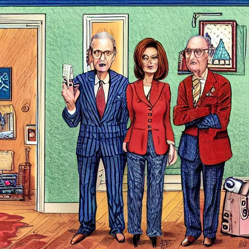 Prompt: The Artwork of R. Crumb and his Cheap Suit Mitch McConnell and Nancy Pelosi, pencil and colored marker artwork, trailer-trash lifestyle
