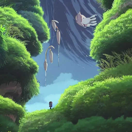 Prompt: guy and ghibli animal, climatic atmosphere made by studio ghibli, smooth, detailed face,, beautiful scene, 8k, clear