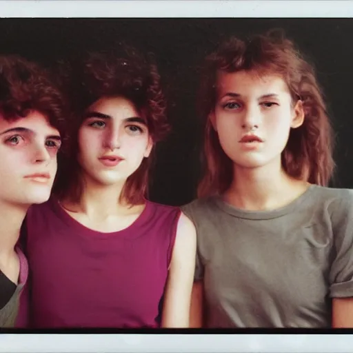 Prompt: French teenagers in the 80's, flash color polaroid, detailed realistic faces