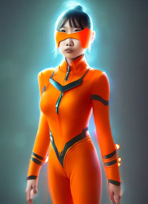 Image similar to teenage asian girl wearing an orange matte superhero costume, anime digital art, au naturel, hyper detailed, digital art, trending in artstation, cinematic lighting, studio quality, smooth render, unreal engine 5 rendered, octane rendered, art style by klimt and nixeu and ian sprigger and wlop and krenz cushart