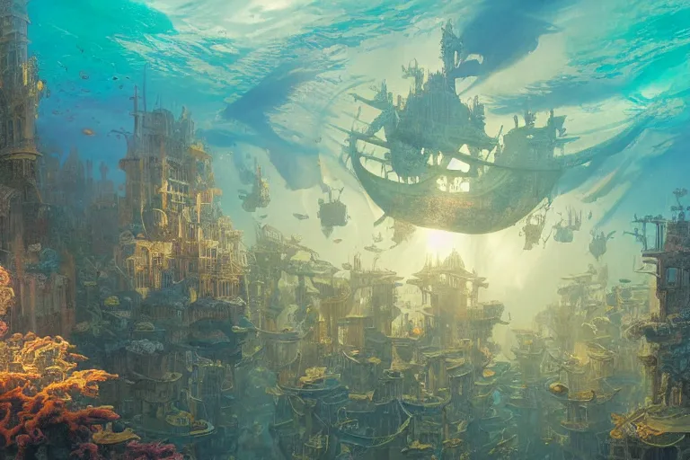 Image similar to a scenic view of the lost and abandoned city of Atlantic under water, ray of sunlight, coral reefs, fish flocks, Greg Rutkowski, Moebius, Mohrbacher, Mucha, blue and gold color scheme, ultra wide angle, light effect