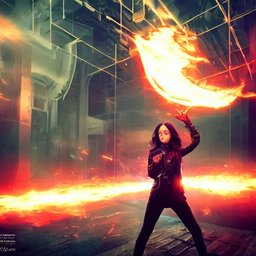 Image similar to a girl like yoona, casting fire spell, background cyberpunk spaceship, full shot, photo, geometries, Fibonacci volumetric lighting, epic composition, intricate details, dark neon punk, by denis villeneuve