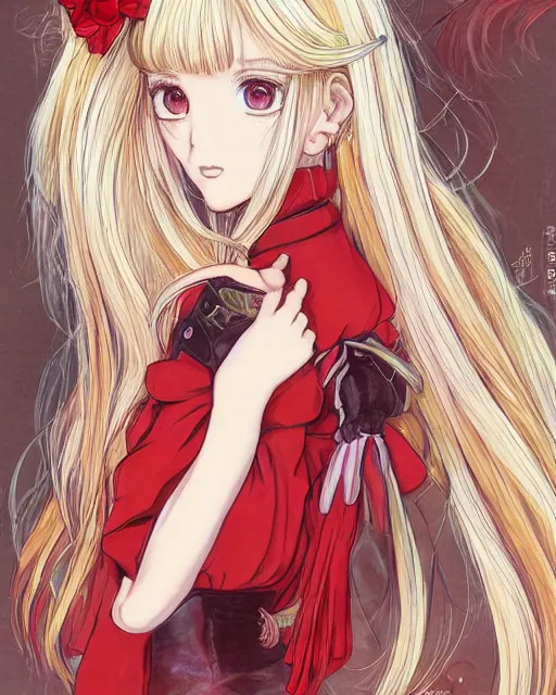 Image similar to illustration of a blonde twintails hair with ribbons anime girl with red eyes in the style of studio ghibli, ayami kojima, akihiko yoshida and 90's anime