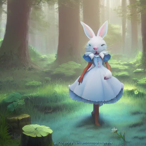 Image similar to concept art painting of an anthropomorphic white rabbit wearing a turquoise dress, in the deep forest, realistic, detailed, cel shaded, in the style of makoto shinkai and greg rutkowski and james gurney