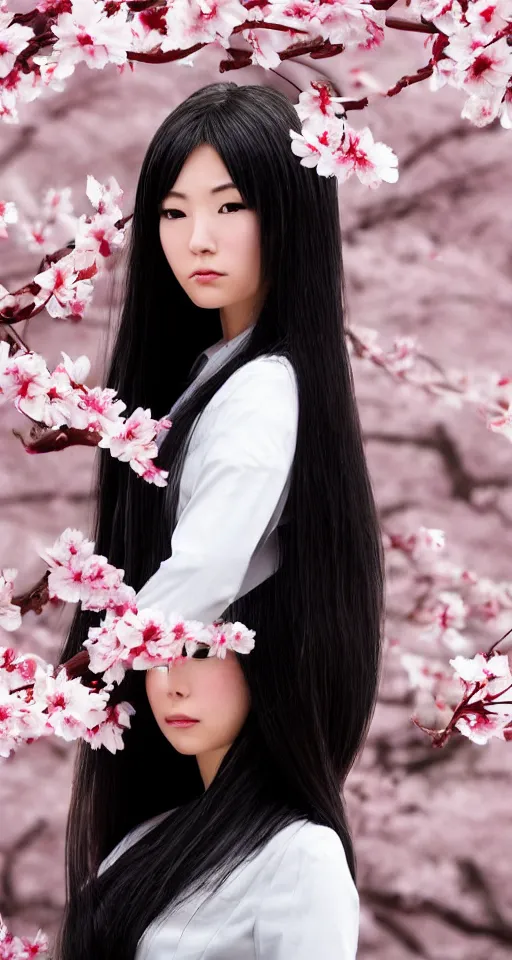 Image similar to a beautiful detailed hyperrealistic render of an attractive japanese female with long black hair covering part of her face and wearing a seifuku, standing next to a beautiful cherry blossom tree, centered, trending on gettyimages and 5 0 0 px, extreme detailing, dim dusk lighting, cinematic lighting, detailed lighting, volumetric lighting, realistic, f 8, 4 k hd wallpaper