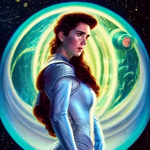 Image similar to Jennifer Connelly as a stunning , beautiful retro SCI-FI space heroine 1985 , movie poster, intricate, elegant, highly detailed, centered, digital painting, trending on artstation, concept art, smooth, sharp focus, illustration, art by artgerm and donato giancola and Joseph Christian Leyendecker, Ross Tran, WLOP