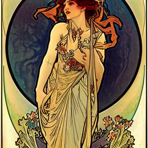 Image similar to persephone as godess of death, painted by alphonse mucha