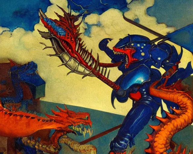 Prompt: knight in blue armor, fighting a large red dragon, by n. c. wyeth, high detail,