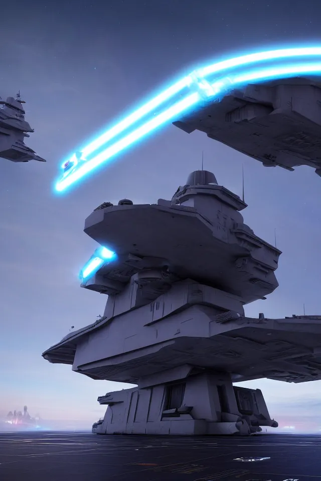 Prompt: cinematic scifi render of a 3 d sculpt of a john harris aircraft carrier megalithic tower structure covered in lights and docking bays, halo, star wars, ilm, star citizen halo, mass effect, high tech industrial, artstation unreal, dramatic powerful sky