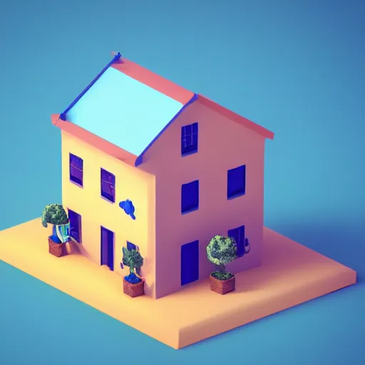 Prompt: chubby cute mobile game house, 1 0 0 mm, 3 d render, isometric, blue background,