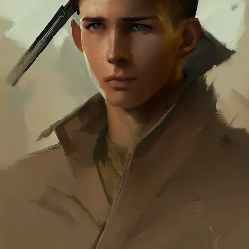 Prompt: Young man with brown hair and blue eyes, wearing a military uniform, by Greg Rutkowski, 9x16 aspect ratio, trending on artstation