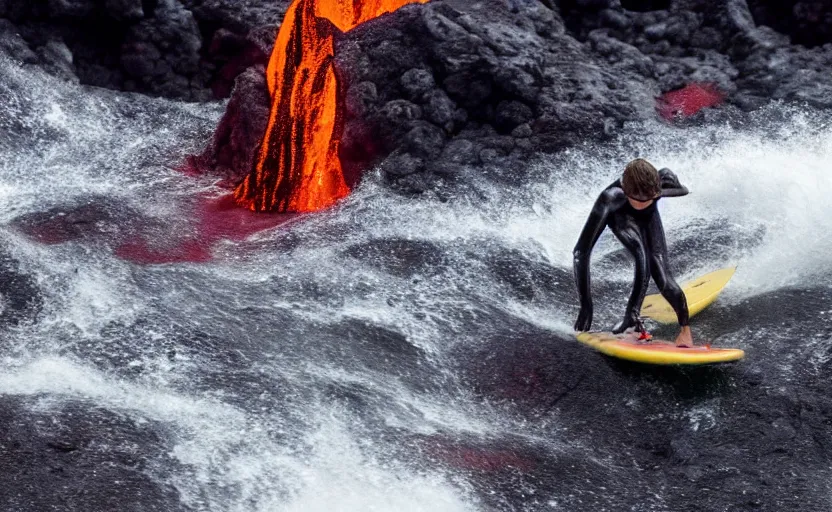 Image similar to surfing down a river of lava on the side of a volcano, action shot, dystopian, motion blur, sharp focus, imax