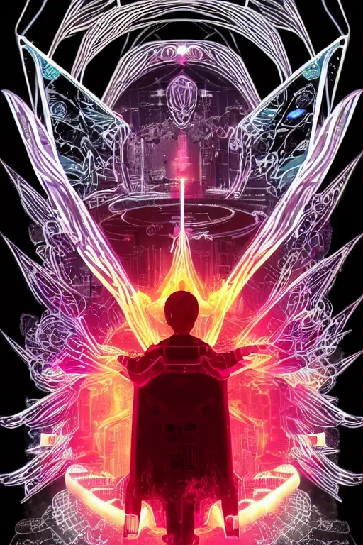 Image similar to white arc-angel with mystic robotic wings, blade runner, akira, ghost in the shell, 2077, style of Laurie Greasley and Satoshi Kon + symmetric lights and smoke, psychedelic effects , glowing particles, neon rain, glowing runes, de-noise, symmetrical composition, high detailed + tarot card, ornate border, 8k