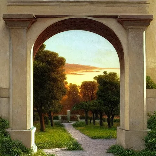 Image similar to a painting of a sunset in a park, an art deco matte painting by Edwin Deakin, pinterest, stone paths with a stone wall, pavilion, columns, vines, german romanticism, detailed painting, pre-raphaelite