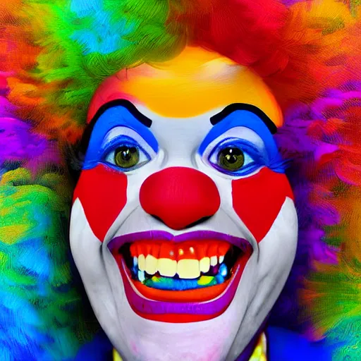Prompt: Portrait of a colorful happy joyful clown, funny, digital art masterpiece