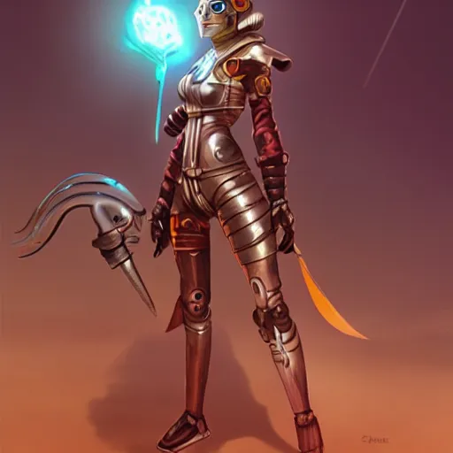 Image similar to robot swashbuckler, female, science fiction, pirate, concept art, matte, illustration, character art,