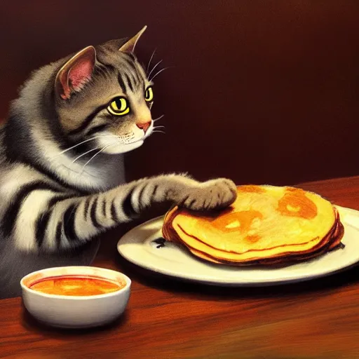 Prompt: concept art painting of a cat eating pancakes, realistic, detailed, cel shaded, in the style of makoto shinkai and greg rutkowski and james gurney