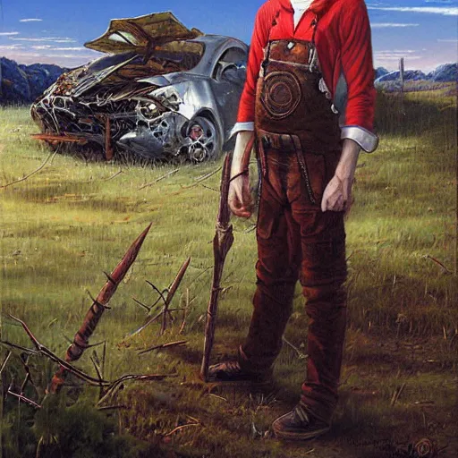 Image similar to an elf with spiky blonde hair wearing dark brown overalls and holding dynamite standing next to a destroyed car, painting by Gerald Brom