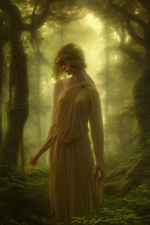 Prompt: forest god, in a mystic grove, illustration, chaotic, lush, forest soul, mist, druid child, opalescent night background, colossal, volumetric lighting, soft lighting, soft details, painting oil on canvas by Edmund Blair Leighton and charlie bowater octane render, HDR, trending on artstation, 4k, 8k, HD