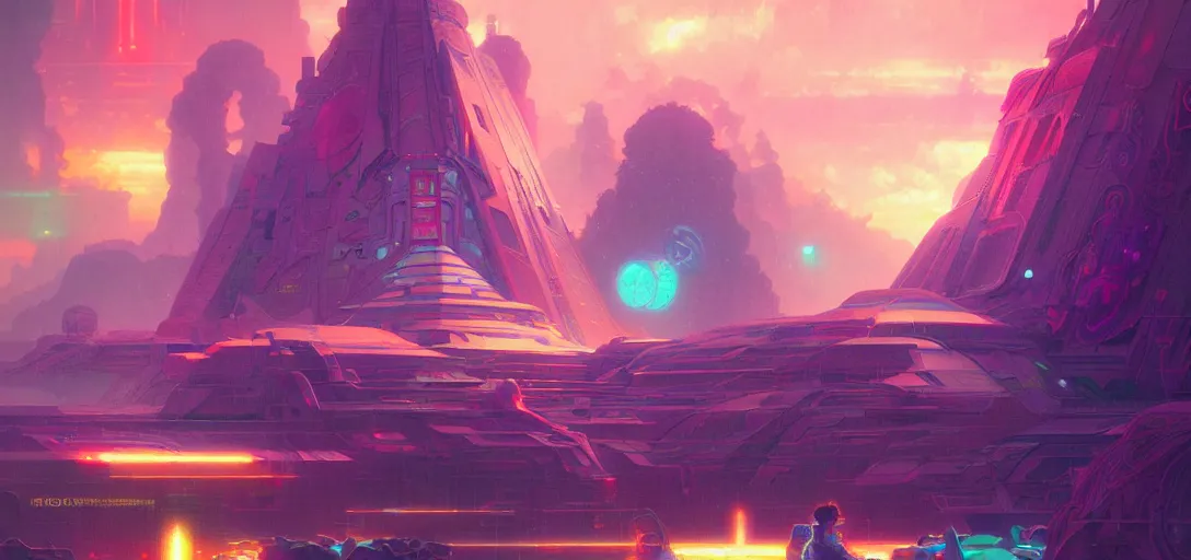 Prompt: a cybernetic temple, vaporwave aesthetic, colorful, psychedelic, digital painting, artstation, concept art, smooth, sharp focus, illustration, art by artgerm and greg rutkowski and alphonse mucha