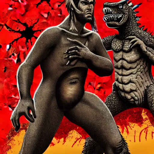 Prompt: adam and eve bigger than godzilla, red dead redemption illustration style, smooth painting, each individual seeds have ultra high detailed, 4 k, illustration, torn cosmo magazine style, pop art style, ultra realistic, underrated, by mike swiderek, jorge lacera, ben lo, tyler west